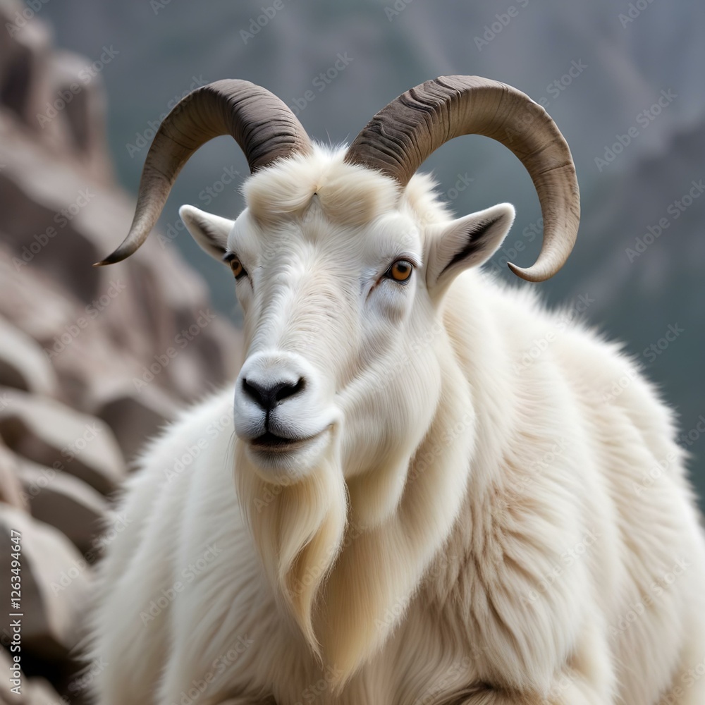 Female mountain goat with white coat and curved horns, focused gaze Female mountain goat with white coat and curved horns, focused gaze