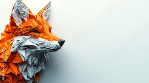 3D polygonal paper fox head sculpture, low-poly geometric design