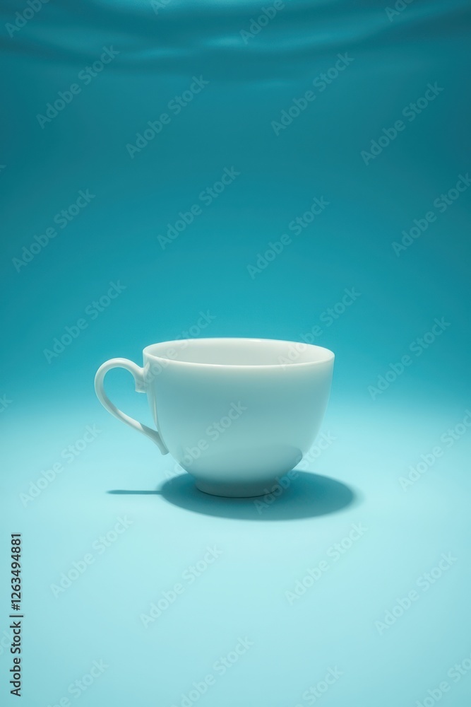 White tea cup stands elegantly on a serene blue background. Simple minimalist still life. Soft light and shadow. White tea cup stands elegantly on a serene blue background. Simple minimalist still life. Soft light and shadow.