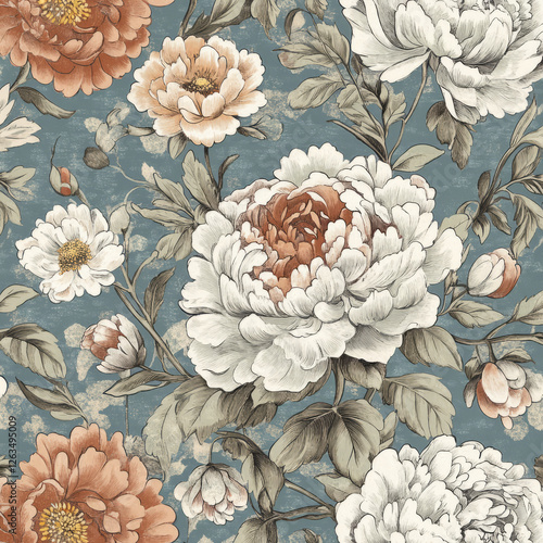 A vintage botanical floral illustration with highly detailed roses, chrysanthemums, and peonies. The intricate linework and soft, muted tones create an elegant, timeless design. photo