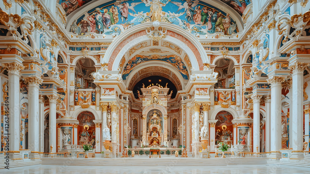 Obraz premium Ornate church interior, colorful frescoes, altar, statues, travel destination
