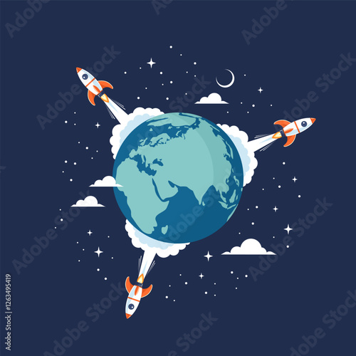 Three space rockets launch from different sides of the Earth globe into space, vector flat illustration