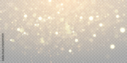 Sparkling gold glitter and bright bokke highlights with light source. Soft warm light and festive glitter effect. Christmas background.