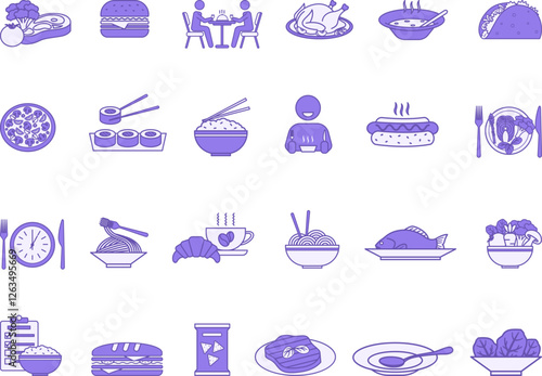 Colored Meal Icon Set. Vector Art Burger, Soup, Rice, Pasta, Salad, Lunch, Pizza, Chicken, Fish, Sushi, Steak, Noodles, Eat, Taco, Hot Dog, Sandwich, and More