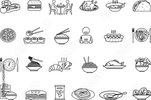 Meal Icon Set. Vector Art Burger, Soup, Rice, Pasta, Salad, Lunch, Pizza, Chicken, Fish, Sushi, Steak, Noodles, Eat, Taco, Hot Dog, Sandwich, and More