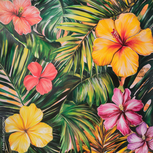 Wallpaper Mural A tropical floral illustration with palm fronds, monsteras, and colorful blooms like hibiscus, plumeria, and orchids. The bold colors and large leaves evoke a tropical paradise. Torontodigital.ca