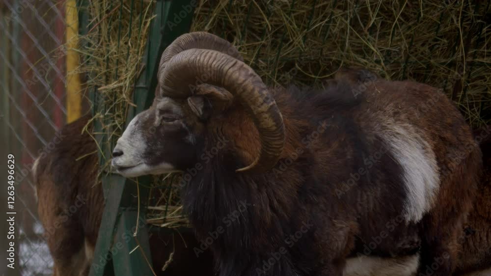 An upclose shot of a sheep clearly displaying its impressive and beautifully curved horns in the wild An upclose shot of a sheep clearly displaying its impressive and beautifully curved horns in the wild