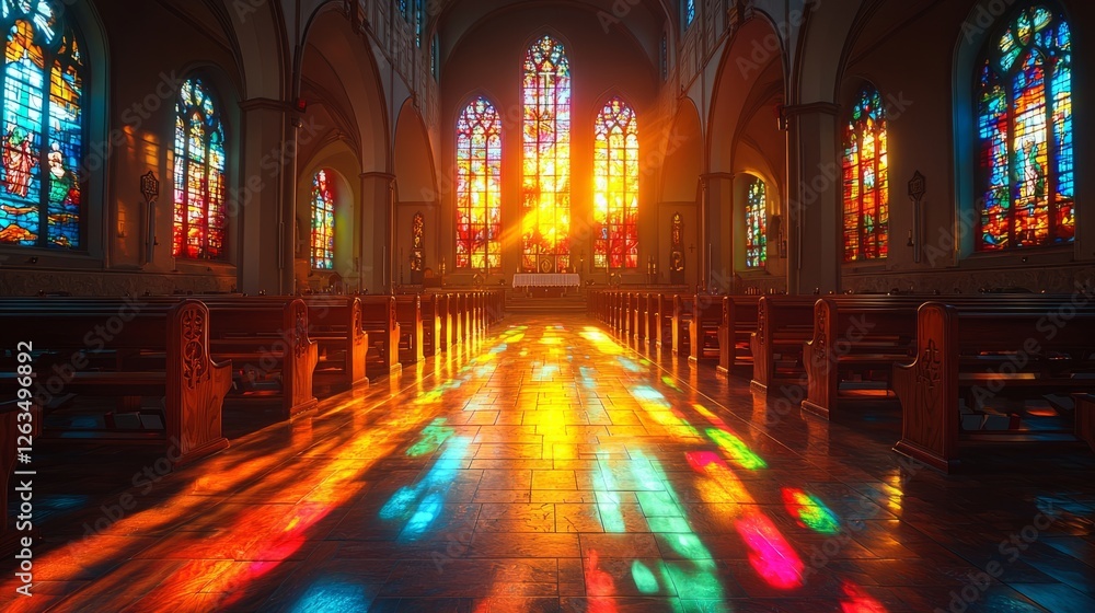 A quiet and reflective image of a church interior with soft, warm light streaming through stained glass windows, casting colorful patterns on the pews A quiet and reflective image of a church interior with soft, warm light streaming through stained glass windows, casting colorful patterns on the pews
