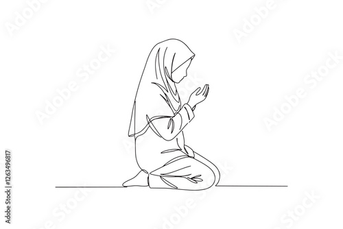 A continuous line drawing of a Muslim girl praying on his knees