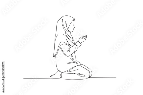 One-line drawing style, a simple line art of a Muslim girl praying on his knees