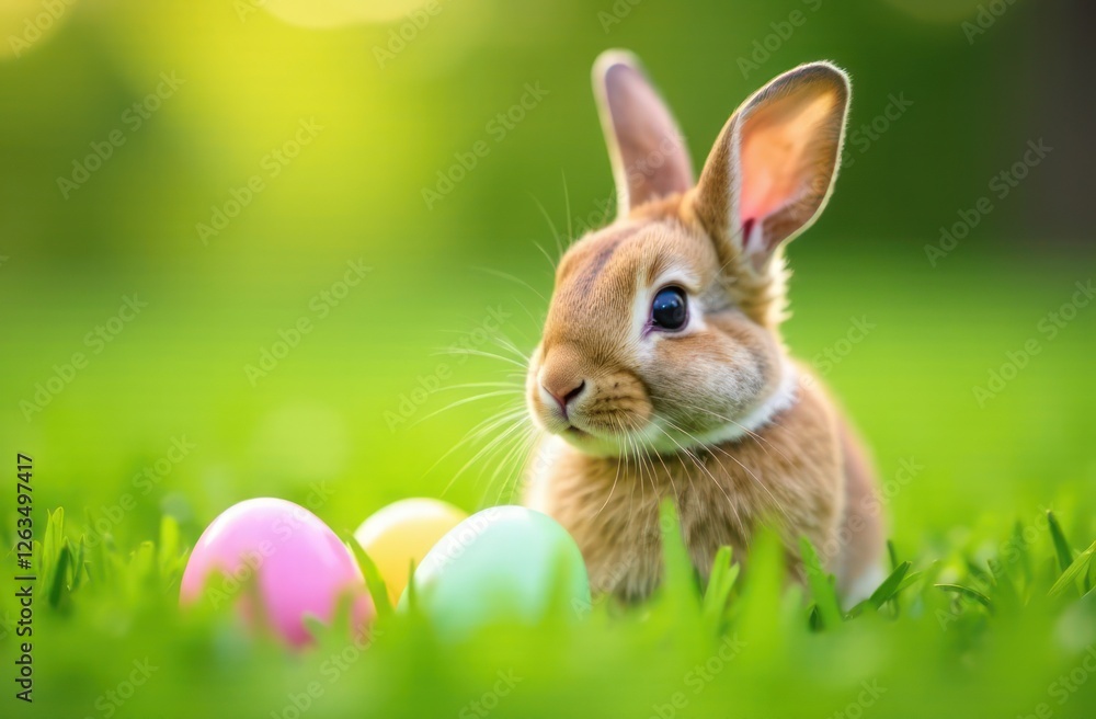 Fototapeta premium cute rabbit with easter eggs on green grass