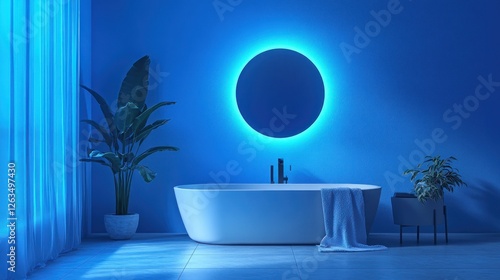 Modern blue bathroom at night with neon mirror and tub photo