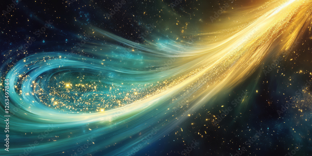 Fototapeta premium A luminous comet streaking across the cosmos, leaving a radiant tail of golden and emerald energy in its wake.