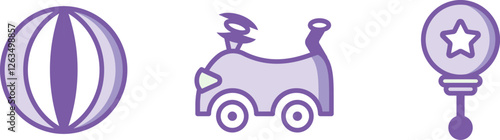 A cute and colorful illustration featuring various baby-related items such as pacifier, bottle, bib, rattle, diaper, and stroller, designed in a playful style for baby themes