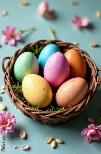 vibrant floral decorated easter eggs on green foliage - concept of easter decor, spring celebration, festive crafts