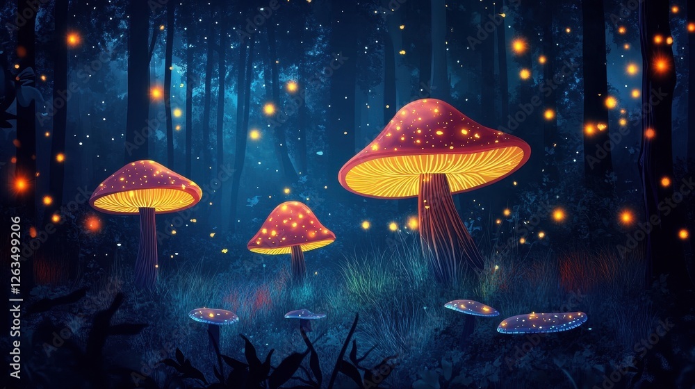 Fototapeta premium Magical mushrooms illuminate a dark enchanted forest with floating lights