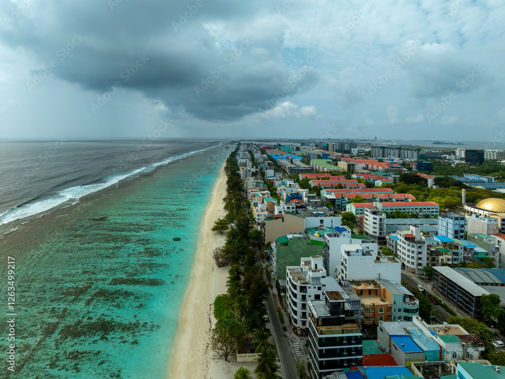 Aerial cityscape about beach side of Hulhumale. Hulhumale is the second part of Male city. Capital of Maldives at the Indian ocean