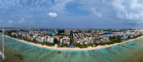 Obraz na płótnie Aerial cityscape about beach side of Hulhumale. Hulhumale is the second part of Male city. Capital of Maldives at the Indian ocean w salonie