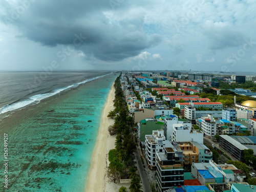 Aerial cityscape about beach side of Hulhumale. Hulhumale is the second part of Male city. Capital of Maldives at the Indian ocean photo