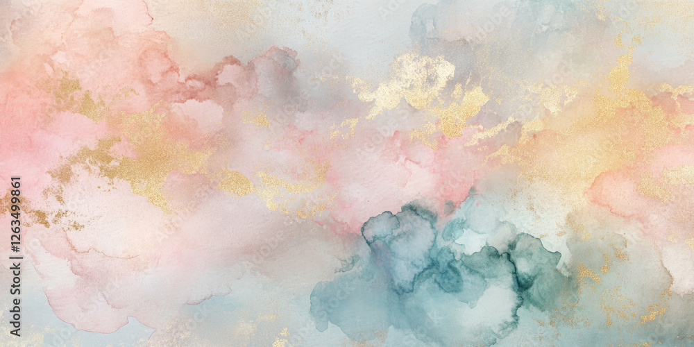 Obraz premium A dreamy celestial watercolor texture featuring soft transitions between pastel pink, baby blue, and golden hues.