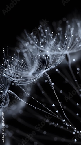 Dandelion Flower on Black Background, Abstract Image, Texture, Pattern Background, Wallpaper, Cover and Screen for Smartphone, PC, Laptop, 9:16 and 16:9 Format