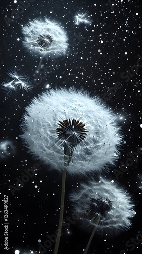 Dandelion Flower on Black Background, Abstract Image, Texture, Pattern Background, Wallpaper, Cover and Screen for Smartphone, PC, Laptop, 9:16 and 16:9 Format