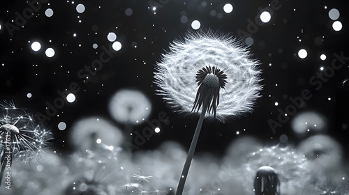 Dandelion Flower on Black Background, Abstract Image, Texture, Pattern Background, Wallpaper, Cover and Screen for Smartphone, PC, Laptop, 9:16 and 16:9 Format