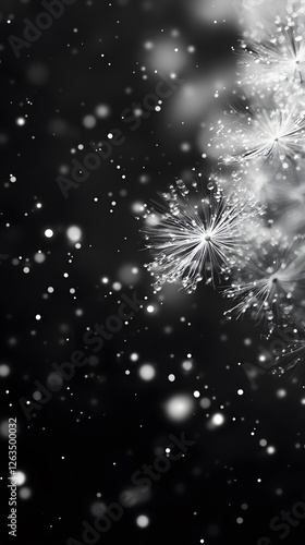 Dandelion Flower on Black Background, Abstract Image, Texture, Pattern Background, Wallpaper, Cover and Screen for Smartphone, PC, Laptop, 9:16 and 16:9 Format