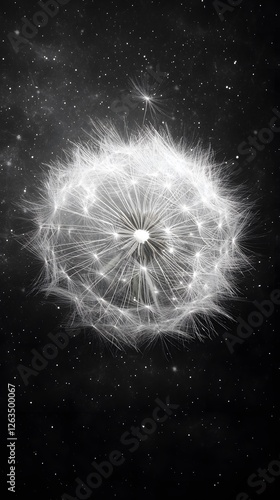Dandelion Flower on Black Background, Abstract Image, Texture, Pattern Background, Wallpaper, Cover and Screen for Smartphone, PC, Laptop, 9:16 and 16:9 Format