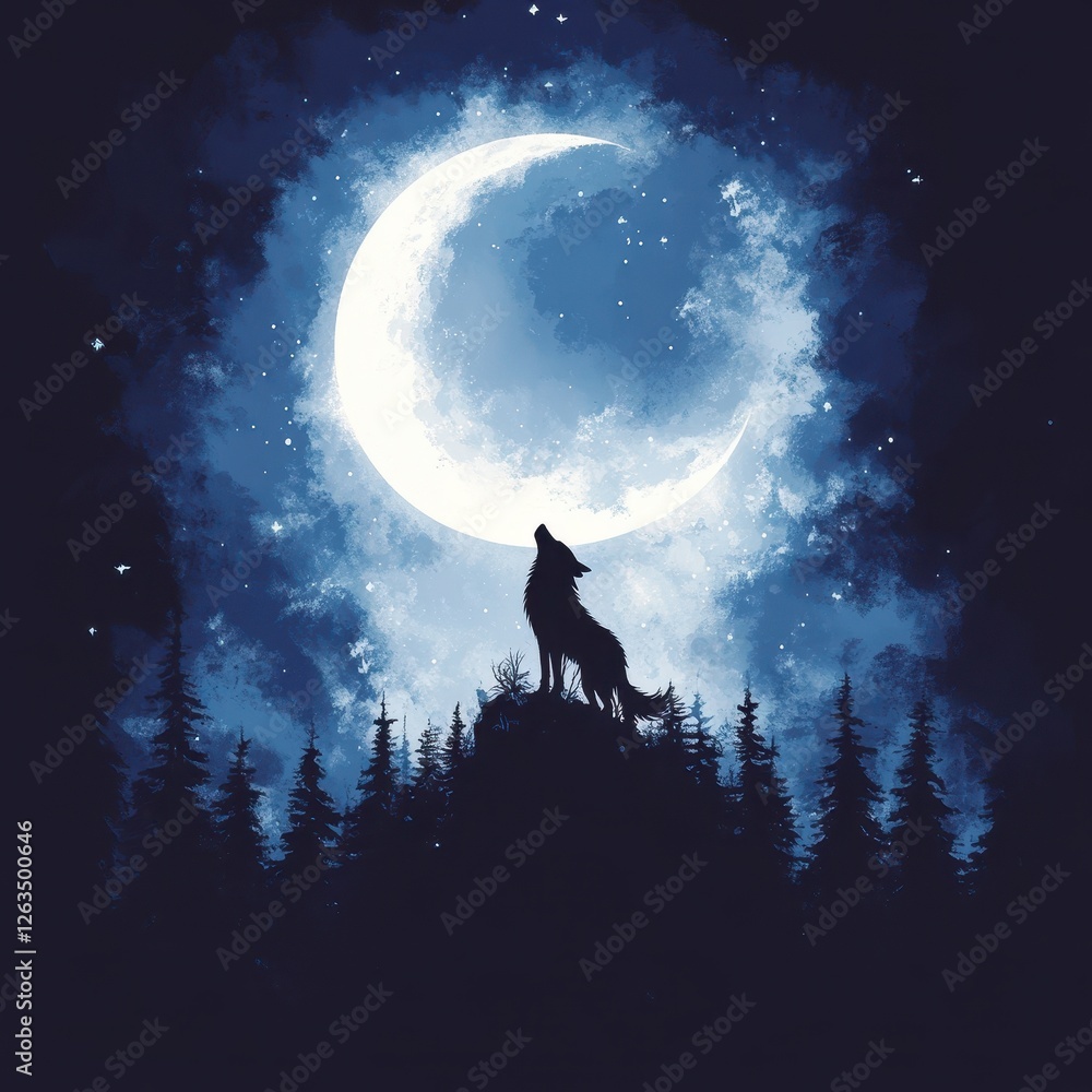 A lone wolf howls at the crescent moon overhead A lone wolf howls at the crescent moon overhead