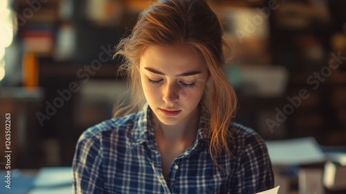 Young woman in checkered shirt is overwhelmed with amount of work she is supposed to do. Concept of overworking photo