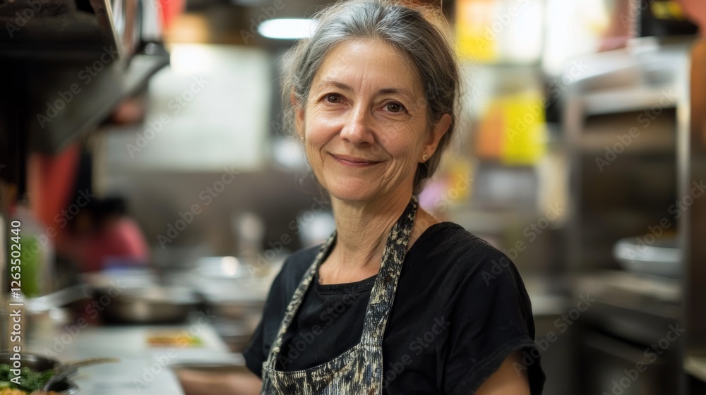 Owner of a Cozy Vegetarian Diner with Warm Smiles Owner of a Cozy Vegetarian Diner with Warm Smiles