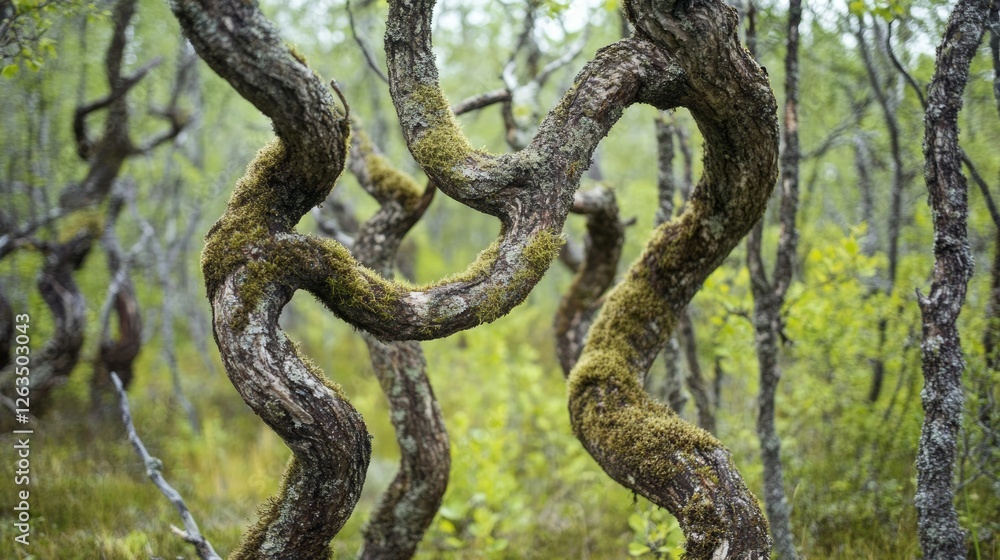 Fototapeta premium Twisted Branches Embraced by Lush Moss in Verdant Forest
