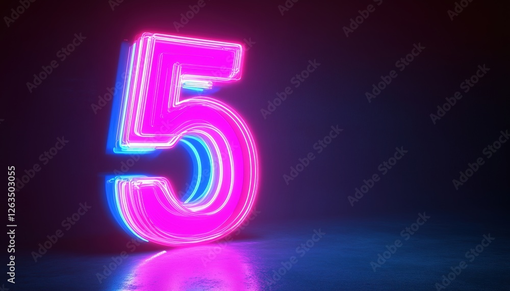 Digital Symbol 5 Glowing In The Dark With Pink And Blue Neon Light, Rendered As Abstract Number Five. Digital Symbol 5 Glowing In The Dark With Pink And Blue Neon Light, Rendered As Abstract Number Five.