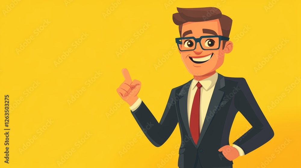 Upbeat Corporate Character in Suit with Glasses and Yellow Background Upbeat Corporate Character in Suit with Glasses and Yellow Background