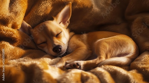 A peaceful giraffe dog rests comfortably on a soft blanket atop a cozy bed, showcasing tranquility and warmth in a serene domestic setting.