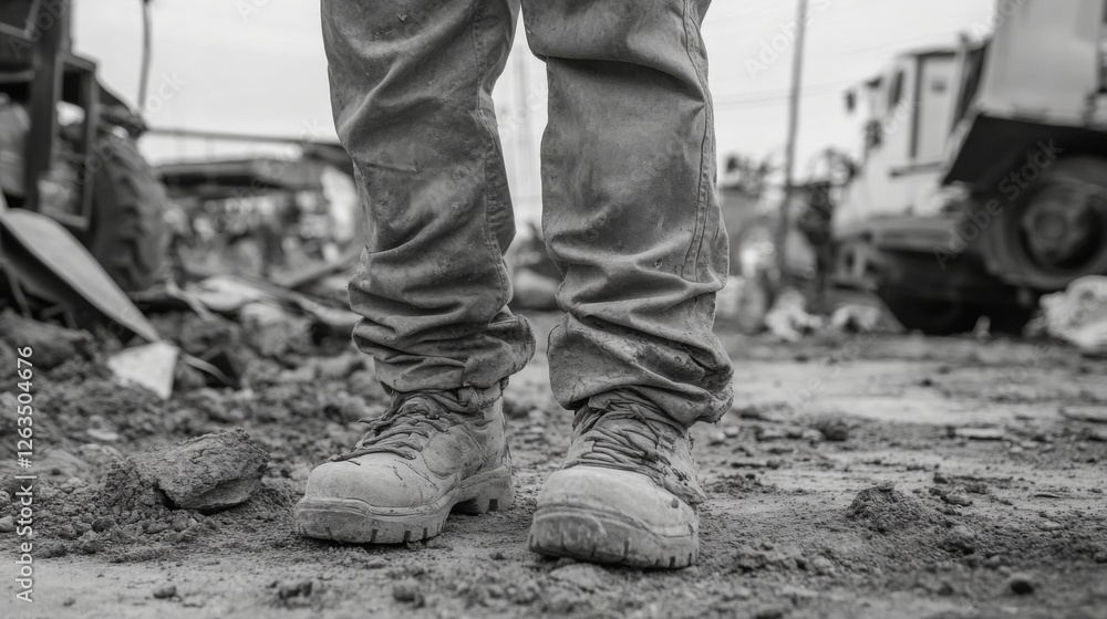 Worker's feet in work boots on construction debris Worker's feet in work boots on construction debris