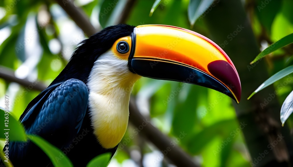 Fototapeta premium Close up of a toucan, vibrant beak, perched on a branch, black feathers, surrounded by lush green leaves