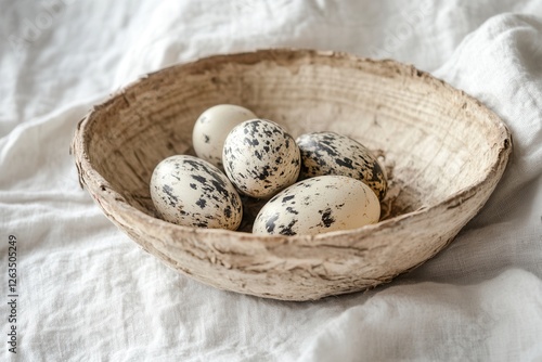 A woven basket containing four eggs rests on a white cloth, showcasing a simple yet elegant arrangement that emphasizes natural elements.