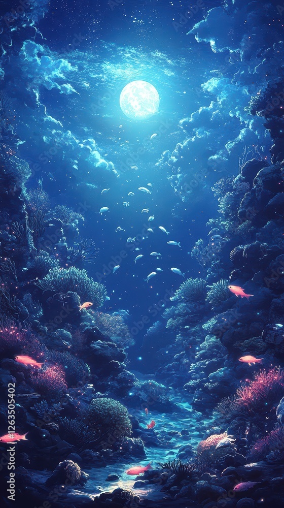 Fototapeta premium Dreamy underwater scene with vibrant coral and shimmering moonlight
