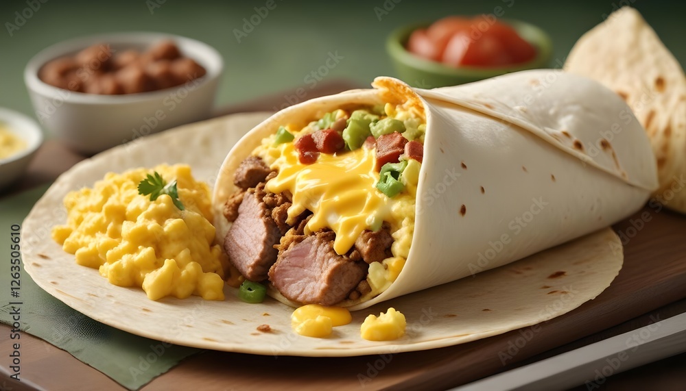 Nutritious and savory breakfast burrito with eggs, sausage, and a generous helping of cheese Nutritious and savory breakfast burrito with eggs, sausage, and a generous helping of cheese