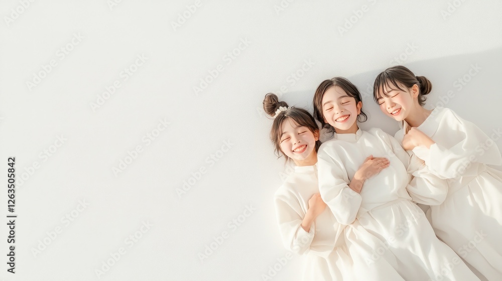 Three Asian girls in white outfits lie on a white background, laughing and having fun. Three Asian girls in white outfits lie on a white background, laughing and having fun.