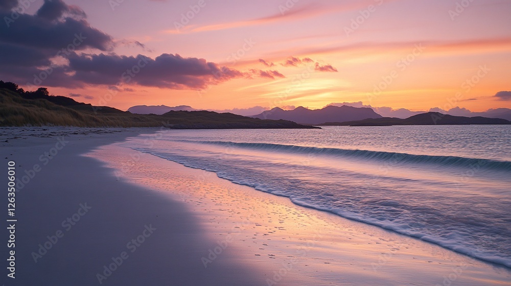 Fototapeta premium Serene Sunset Beachscape: Coastal Serenity at Golden Hour