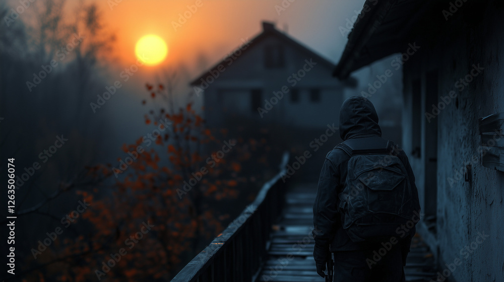Mysterious hooded figure with a backpack standing on a decayed wooden bridge near an abandoned house at sunset in a foggy landscape Mysterious hooded figure with a backpack standing on a decayed wooden bridge near an abandoned house at sunset in a foggy landscape