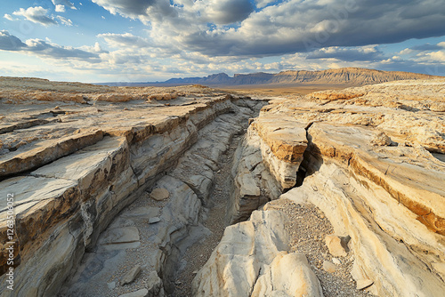 Generative AI Illustration of Geological Faults and Tectonic Processes in Arid Landscape photo