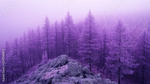 Enchanted Misty Purple Forest on Rocky Outcrop photo