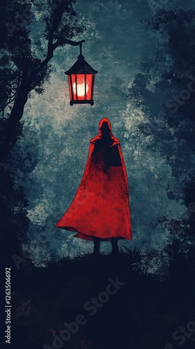 Red hooded figure stands below illuminated lantern in woods photo