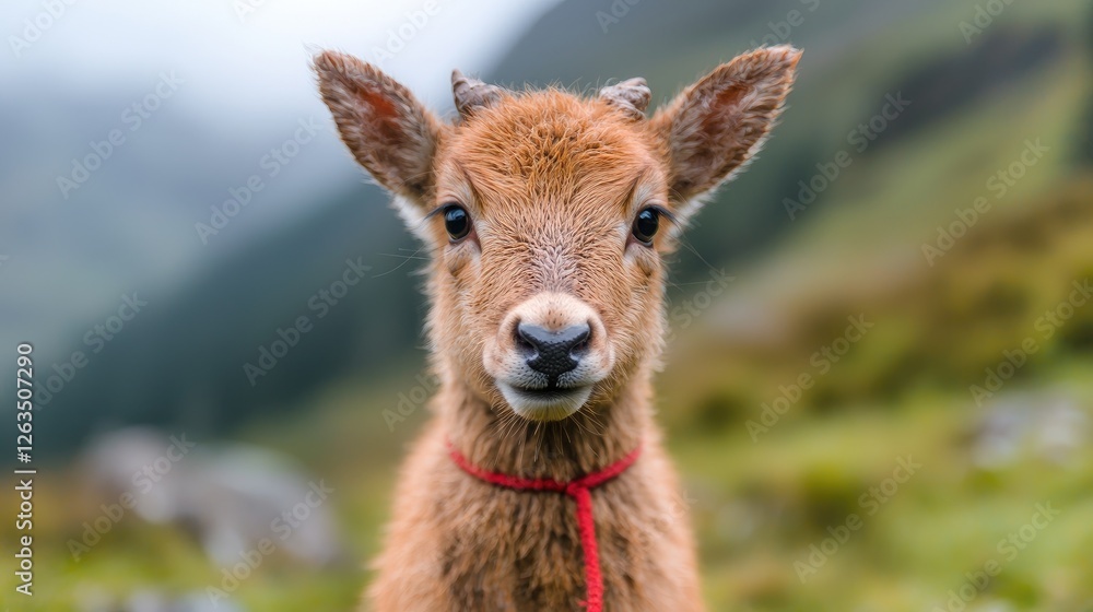 Fototapeta premium Cute fawn in a mountain meadow looking directly at the camera. Possible use Children's book illustration, nature photography