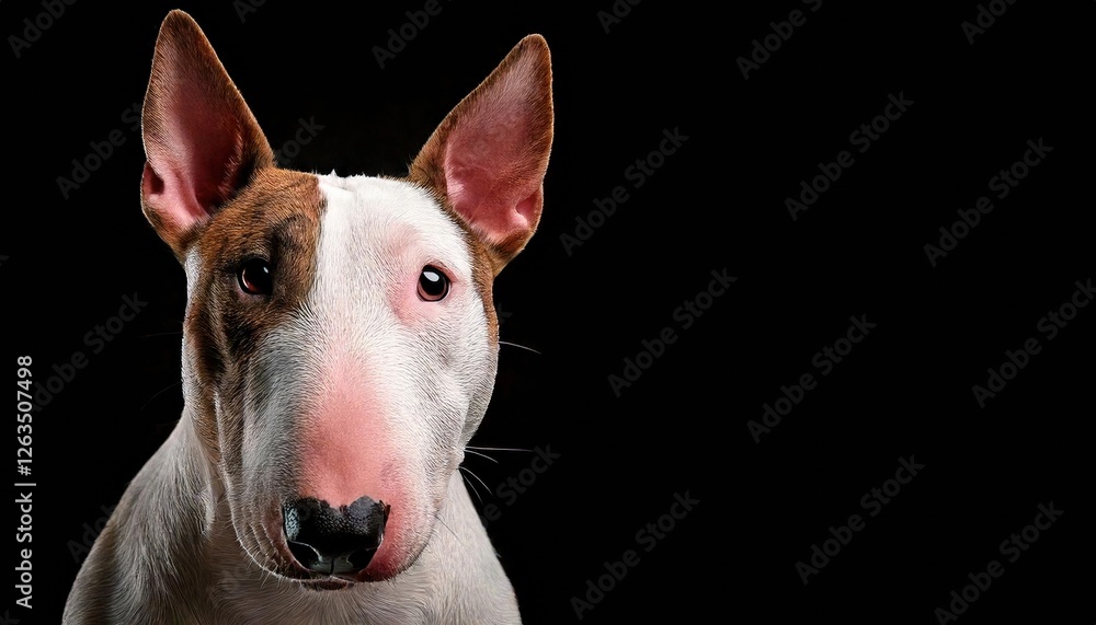 Bull Terrier with distinctive markings poses against a black background Bull Terrier with distinctive markings poses against a black background