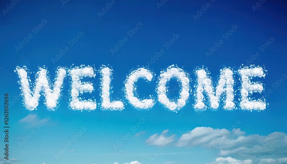 Fototapeta premium Welcome message formed by fluffy clouds in a bright blue sky during daylight hours